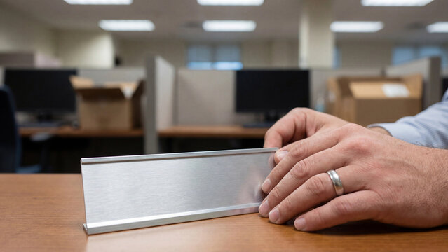 Hand places nameplate during workplace restructuring layoff firing