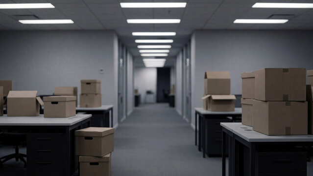 Office desks stacked with boxes during workplace restructuring and layoffs