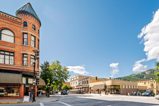 The turn-of-the-century KWC building with it's distinctive turret along Baker street in historic downtown Nelson, British Columbia, Canada.