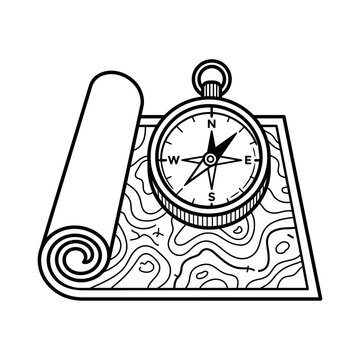 Navigation compass on rolled topography map