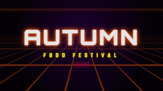 Autumn Food Festival 2024 neon title animation with retro 80s synthwave perspective grid