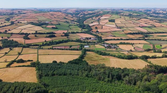 Patchwork fields and agricultural countryside in Brecon Beacons, dry summer pastures surrounded by green hedgerows and rolling hills, Brecon Beacons, Wales