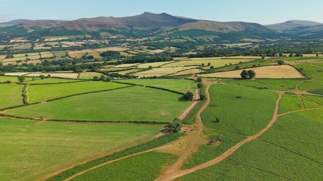Aerial view of Mynydd Illtyd common in Brecon Beacons, summer sun over green pasture fields and bracken slopes leading to Pen y Fan peak in Powys, South Wales