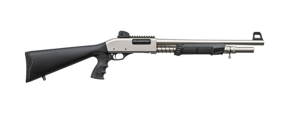 Modern tactical pump action shotgun isolated on white back