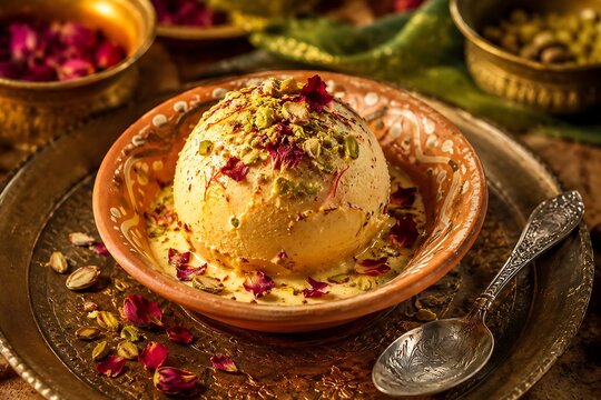Kulfi dessert with pistachios and rose petals in a decorative bowl with warm ambient lighting and selective focus
