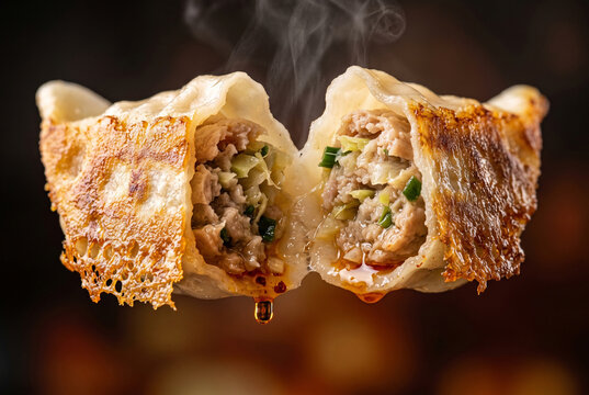 Split crispy pan-fried gyoza dumpling showing juicy meat filling with steam and dripping juice