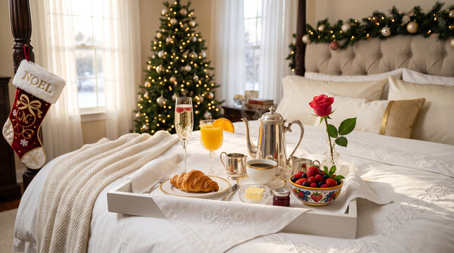 Festive breakfast tray with coffee, croissant and rose on bed in decorated Christmas bedroom