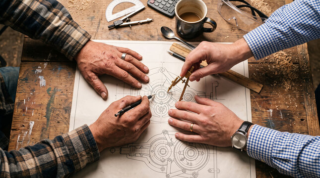 Two engineers working together on technical drawing with compass and pencil at workbench