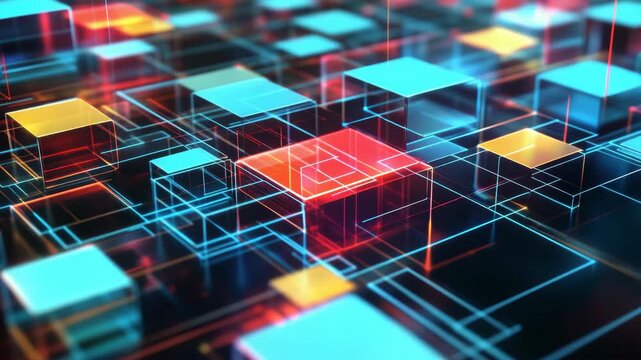 High-tech digital network with glowing squares and lines, vibrant colors of red, blue, yellow and green.