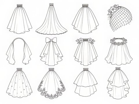 Bridal Veils and Wedding Accessories Line Art Set with Lace, Birdcage, Short and Long Veil Designs