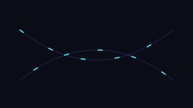 Minimalist abstract motion with intersecting glowing neon curves and dashed lines on dark animation 4k background