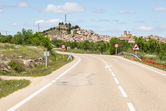 A-1413 road entering the town of Calaceite, Comarca of Matarrana, province of Teruel, Aragon, Spain