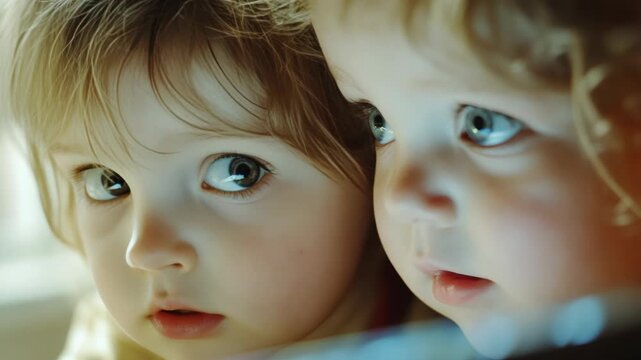 A beautiful portrait of two twin babies gazing directly at the camera with a soft focus background.