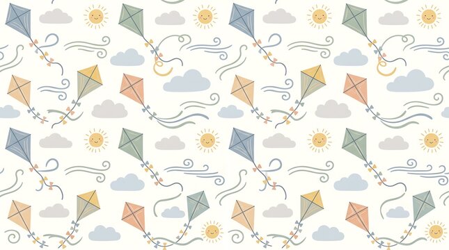 Premium Colorful Kites Seamless Pattern with Flying Kite Designs and Playful Summer Elements