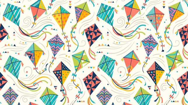 Premium Colorful Kites Seamless Pattern with Flying Kite Designs and Playful Summer Elements