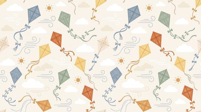 Premium Colorful Kites Seamless Pattern with Flying Kite Designs and Playful Summer Elements