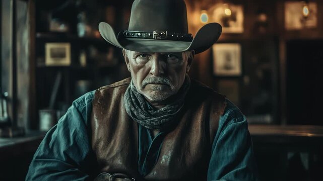 A man wearing a cowboy hat and vest sits at the bar with a serious expression.
