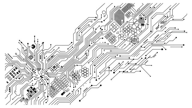 Complex electronic circuit board pattern with black digital tech lines and microchip nodes.