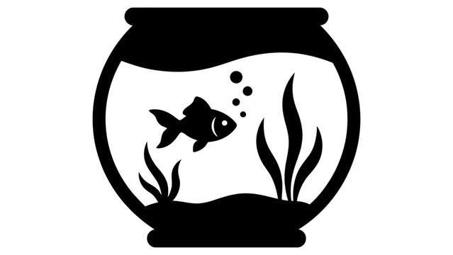 Round glass aquarium with goldfish and water plants in minimalist black icon illustration.