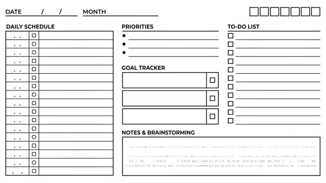 Simple black and white daily planner template with schedule goals and to do list sections.
