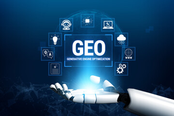 Fototapeta premium Futuristic Artificial Intelligence Concepts and Tools for Generative Engine Optimization with Digital Icons in a Technological Setting Fluxor.