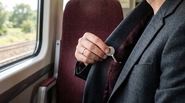 Hand retrieves a key from a discreet jacket pocket on a train