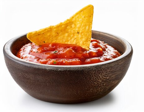 nachos and salsa dip in a bowl isolated on white background cut out