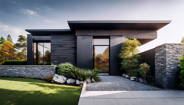 modern luxury home exterior with charcoal stone cladding panels contemporary residential architecture design and facade industrial minimalist house style slate texture wall and garden
