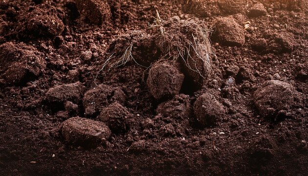 macro texture of dark tilled garden soil rich fertile earth with roots and clumps healthy topsoil for vegetable gardening agricultural land preparation background organic potting mix close up