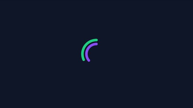 Minimalist loading spinner animation with green and purple arcs on dark 4k background, progress buffering