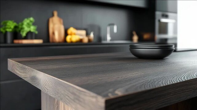 Stylish kitchen counter with a textured wooden surface, stainless steel appliances, and decorative elements in the background.