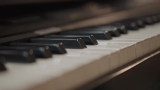 Closeup piano keys during practice session, warm studio lighting, shallow depth of field, ivory keys and black sharps, subtle bokeh, musician coaching vibe, gentle finger movement, intimate classical