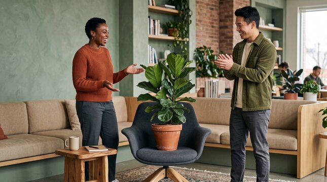 Coworkers celebrate a houseplant promoted to the best chair
