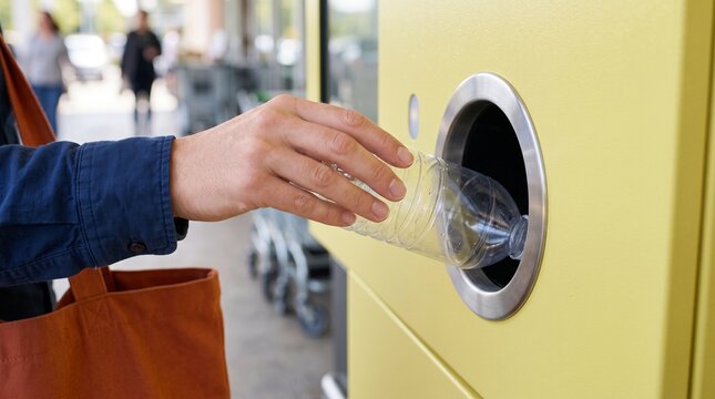 Hands feed a plain bottle into a deposit return station