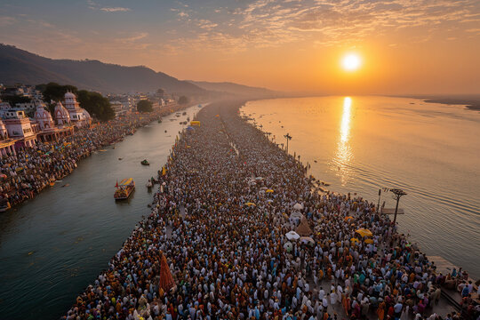 Devotional Sawan and Kanwar Yatra concept showcasing Hindu pilgrims carrying decorated Kanwar, walking with devotion during the holy month of Sawan. The scene represents faith, spirituality, Lord Shiv