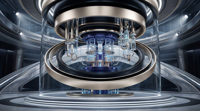 Futuristic quantum computer processor core inside a glass display at a technology event.