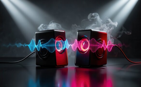Two modern studio monitors playing loud music with colorful soundwaves