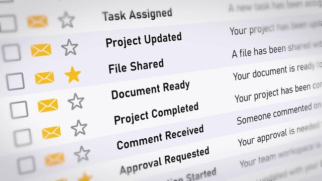 Scrolling email inbox showing team invitation and project update notifications
