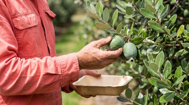 Grower selects ripe feijoas for fresh produce quality