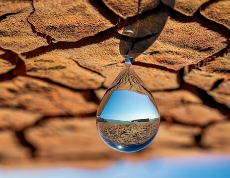 macro water drop hanging from cracked dry earth refracting an inverted landscape symbolizing drought and the value of water