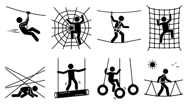 Stick figures navigate high ropes adventure course obstacles in this minimalist black and white vector illustration