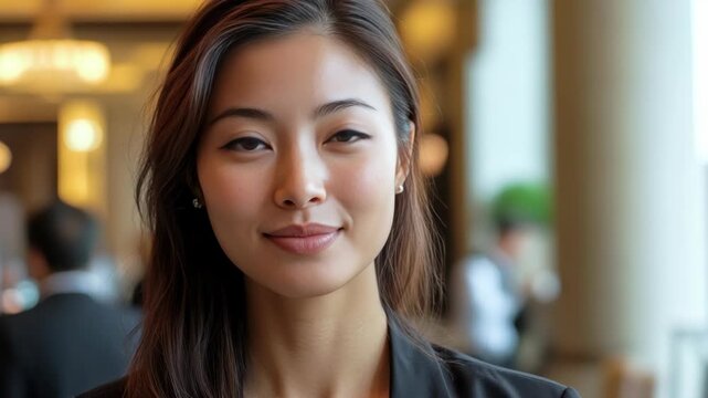 This is a portrait of a smiling young woman with her eyes closed. She appears to be in an indoor setting with muted lighting and a blurred background.