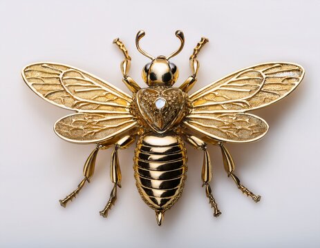detailed golden bee brooch with intricate wings and body displayed on a white background