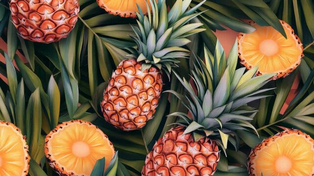 Close-up shot of ripe pineapples with vibrant colors.