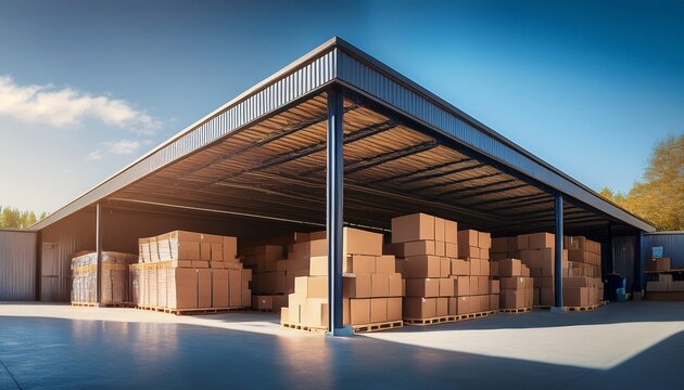 exterior of a warehouse with stacked boxes under an open roof in daylight