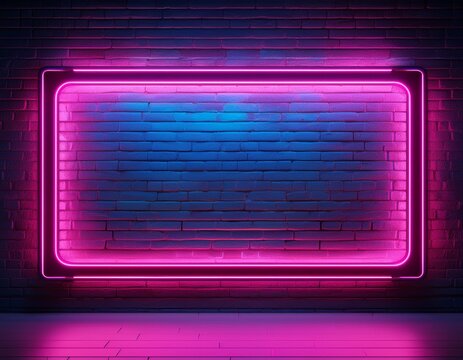 a vibrant neon outline formed by a pink and blue glow creates a rectangular frame against the backdrop of a weathered brick wall