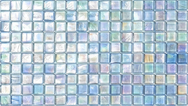 Iridescent mosaic glass tiles with a subtle pearlescent sheen and textured surface