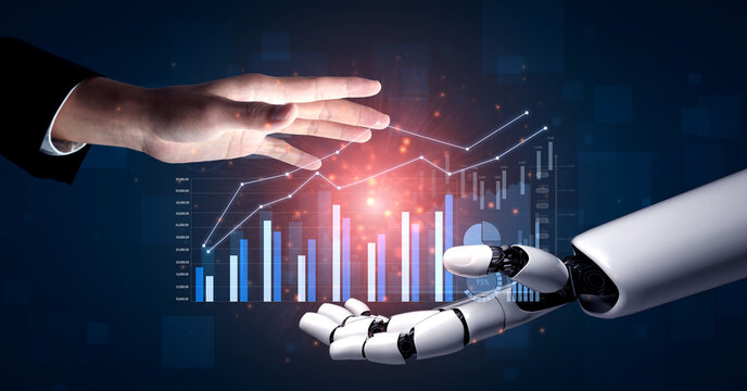 A graceful human hand reaches toward a robotic hand, showcasing a vibrant financial chart. This image represents the fusion of technology and human interaction in business. Scalp