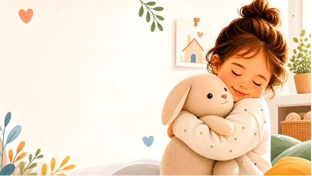 A girl is hugging a plush bunny , A tender children's illustration conveying comfort and love