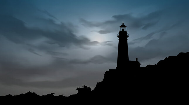 Dramatic vector illustration of lighthouse silhouette on rocky cliff at stormy night under full moon with copy space